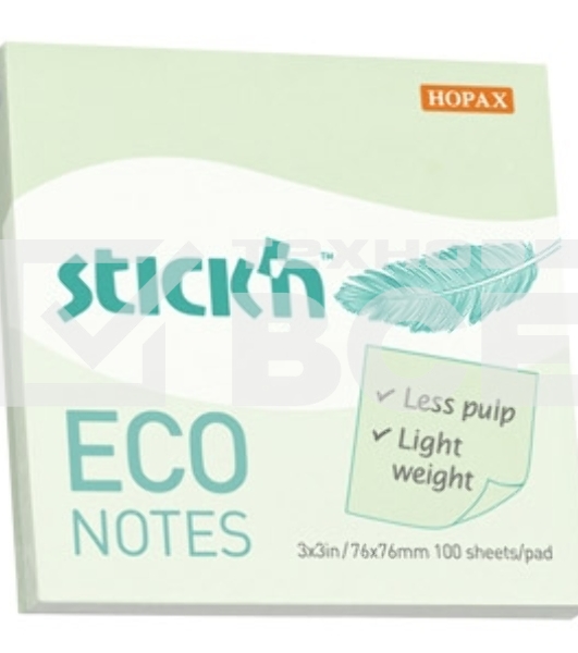Блок самоклеящийся бумажный Stick`n ECO 21748 76x76мм 100лист. 60г/м2 пастель зеленый