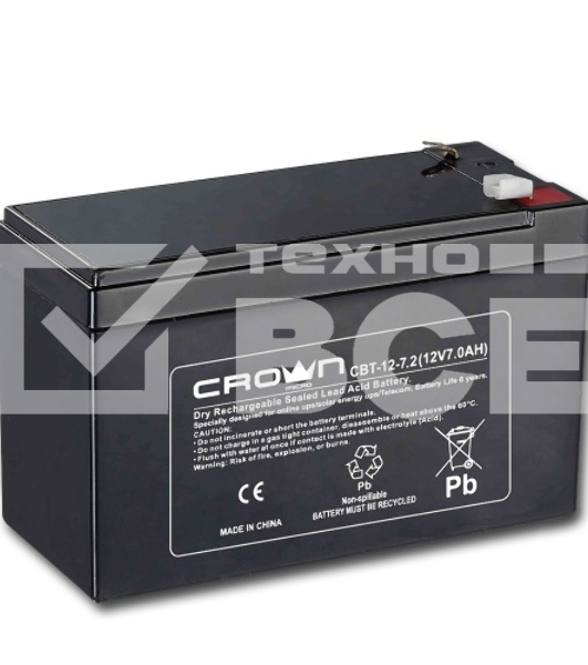Батарея CROWN CBT-12-7.2 (напряжение 12В, емкость 7.2 А/Ч, разм 151х65х100 мм, вес 2,1 кг, тип клеммы - F2, 5 лет)