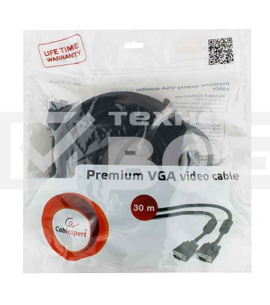 Кабель Gembird/Cablexpert CC-PPVGA-30M-B, Кабель VGA Premium , 15M/15M, 30м, черный, тройной экран, феррит.кольца 