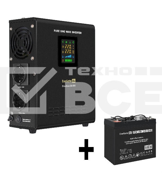 Комплект Источник бесперебойного питания EX295996RUS + батарея 55Aч EX285667RUS 1шт (инвертор, синус, для котла, настенный) ExeGate FineSine SX-800.LCD.AVR.2SH <800VA/500W, чистая синусоида, цветной LCD-дисплей, AVR, 2*Schuko, линейно-интерактивный, крепл