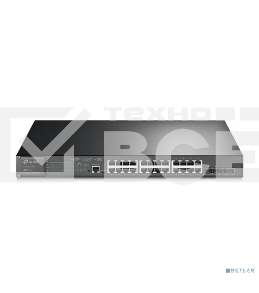 Коммутатор TP-Link 24-port Gigabit Managed PoE switch with 4 10G SFP+ ports, support 802.3af/at PoE, 1 console port, 19-inch rack mount, support L2/L2+ features.