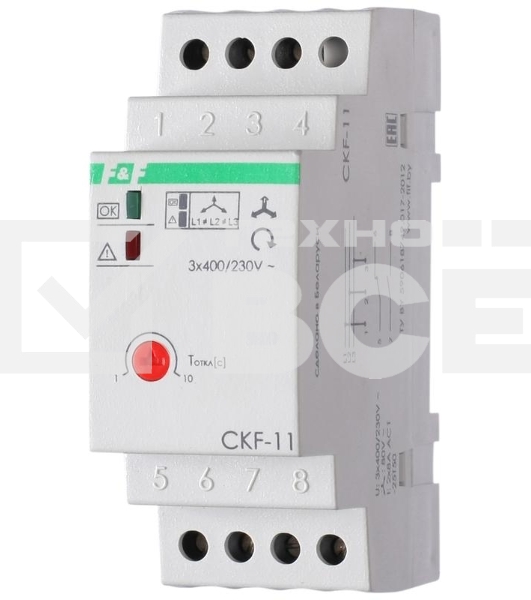 Реле контроля фаз для сетей с изолированной нейтралью CKF-11 (монтаж на DIN-рейке 35мм; регулировка задержки отключения; контроль чередования фаз; 3х400В 8А 1Z 1R IP20)(аналог ЕЛ-11Е) F&F EA04.004.003