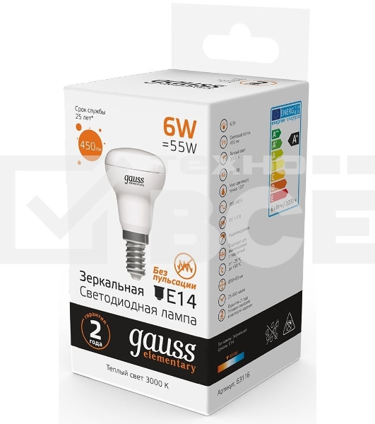 Лампа светодиодная Gauss Elementary 63116 6Вт цок.:E14 рефлек. 220B 3000K св.свеч.бел.теп. (упак.:10шт)