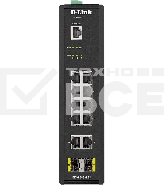 КоммутаторD-Link DIS-200G-12S/A1A, L2 Managed Industrial Switch with 10 10/100/1000Base-T and 2 1000Base-X SFP ports 8K Mac address, 802.3x Flow Control, 802.3ad Link Aggregation, Port Mirroring, 128 of 802.1Q