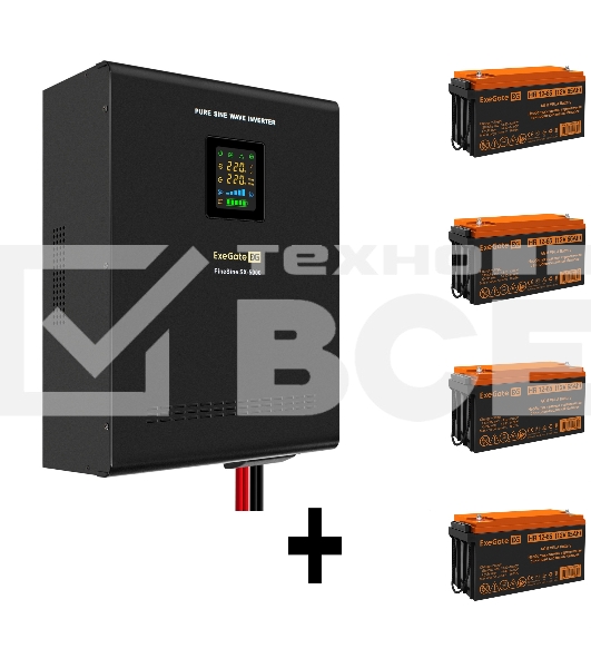Комплект ИБП EX296004RUS + батарея 65Aч EX282982RUS 4шт (инвертор, синус, для котла, настенный) ExeGate FineSine SX-5000.LCD.AVR.2SH.T <5000VA/3500W, чистая синусоида, цветной LCD-дисплей, AVR, 2*Schuko+клеммы, линейно-интерактивный, крепление настенное, 