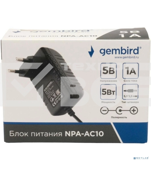 Блок питания Gembird NPA-AC10, 5В/1А, 1 штекер 5,5х2,5мм