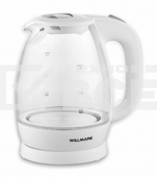 Чайник электрический Willmark WEK-1705GW (1.7л, пов. на 360 град., LED-подсв., корп. из стекла, белый, 2200Вт)