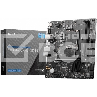 Материнская плата MSI PRO H610M-E DDR4, LGA 1700, Intel H610, 2xDDR4, 4xSATA, 1xM.2, 1xPCIe 4.0 x16, 1xPCIe 4.0 x1, 1xHDMI, 1xVGA, 1xRJ45 1Gb, 2xUSB-A 3.2 Gen 1, 4xUSB-A 2.0, 3x3.5мм, 7.1, mATX