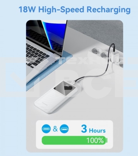 Внешний аккумулятор Vention 10000mAh(M/C-A/A)22.5W Белый с LED Дисплеем