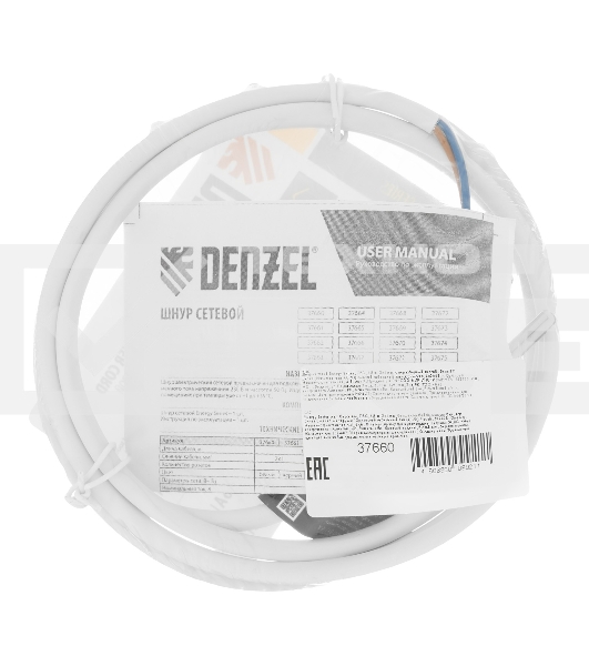 Шнур сетевой Energy Series, ПВС, 1,5 м, 2х1 мм, с неразборной вилкой, белый Denzel