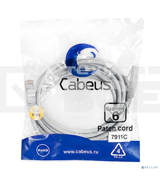 Патч-корд FTP, cat. 6, F/UTP экранированный, LSZH, 3 м, серый Cabeus PC-FTP-RJ45-Cat.6-3m-LSZH