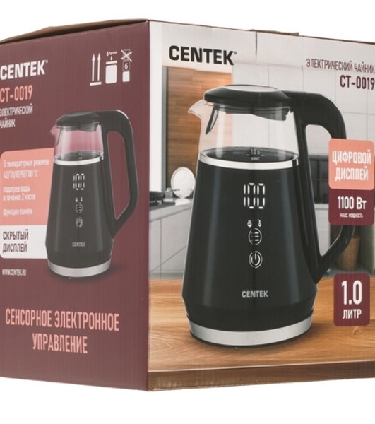 Чайник Centek CT-0019, 1100 Вт, стекло, черный и серебристый
