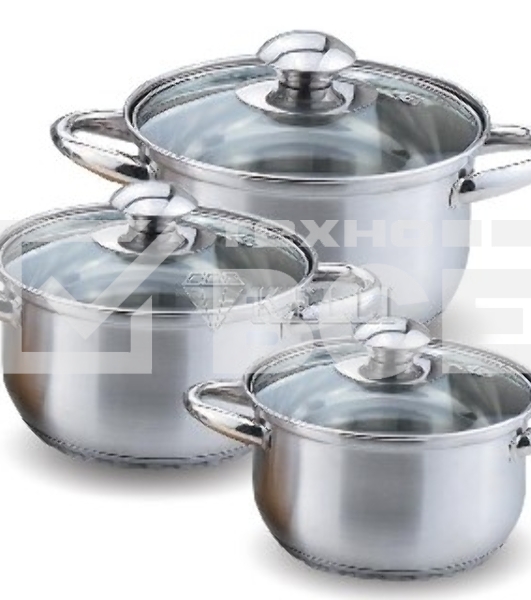 Набор посуды KELLI KL-4201 6 пред.(6 пред.: Кастрюля с жаропрочной стеклянной крышкой 2 л. Кастрюля с жаропрочной стеклянной крышкой 2.6 л. Кастрюля с жаропрочной стеклянной крышкой 3.6 л. Высококачественная нержавеющая сталь 18/10. 5-ти слойное капсульно