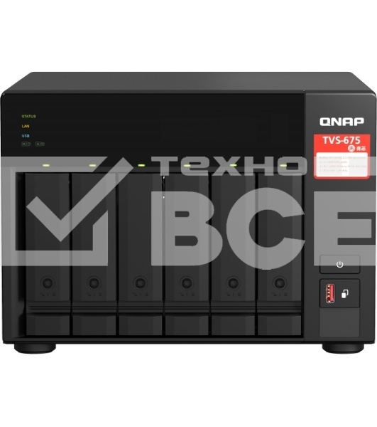 Сетевое хранилище без дисков SMB QNAP TVS-675-8G NAS, 6-tray w/o HDD, 2xM.2 SSD Slot, 1xHDMI-port. CPU 8-сore 64-bit x86 KX-U6580 2.5 GHz, 8GB DDR4 (1 x 8GB) up to 64GB (2 x 32GB), 2x 2.5 Gigabit LAN