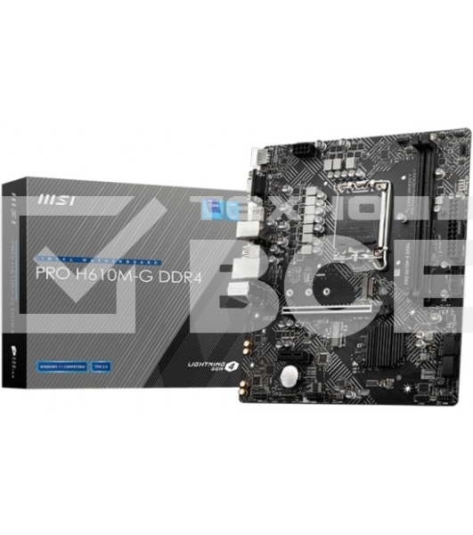 Материнская плата MSI PRO H610M-G DDR4, LGA 1700, Intel H610, 2xDDR4, 4xSATA, 1xM.2, 1xPCIe 4.0 x16, 1xPCIe 3.0 x1, 1xHDMI, 1xDP, 1xVGA, 1xRJ45 1Gb, 2xUSB-A 3.2 Gen 1, 4xUSB-A 2.0, 3x3.5мм, 7.1, mATX