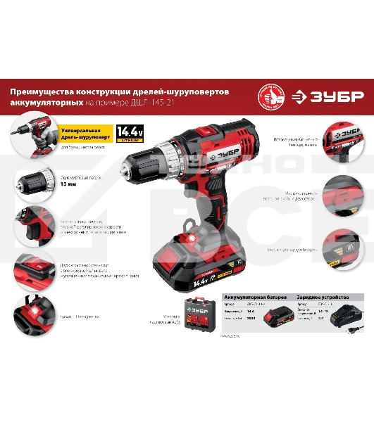 Дрель-шуруповерт аккумуляторная Зубр ДШЛ-145-22, Аккумуляторная, 14,4В, 2 АКБ, Кейс