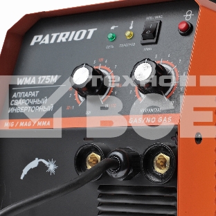 Полуавтомат сварочный инверторный PATRIOT WMA 175M MIG/MAG/MMA, полуавтоматическая сварка в среде газа (MIG/MAG) стальной и флюсовой проволокой 0.6/0.8 мм, сварка электродом (MMA) до 4мм, сварочный ток в режиме MIG: 40-170А; сварочный ток в режиме MMA: 40