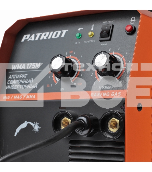 Полуавтомат сварочный инверторный PATRIOT WMA 175M MIG/MAG/MMA, полуавтоматическая сварка в среде газа (MIG/MAG) стальной и флюсовой проволокой 0.6/0.8 мм, сварка электродом (MMA) до 4мм, сварочный ток в режиме MIG: 40-170А; сварочный ток в режиме MMA: 40