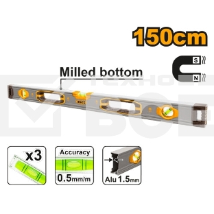 Пузырьковый уровень с мощными магнитами Ingco HSL38150M,150 см, 3 уровня