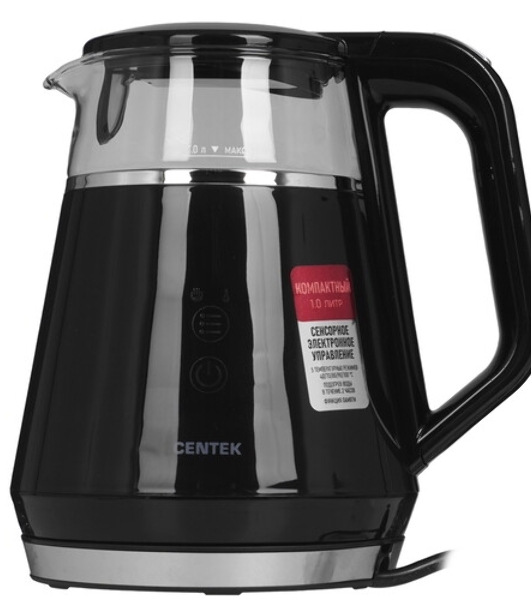 Чайник Centek CT-0019, 1100 Вт, стекло, черный и серебристый