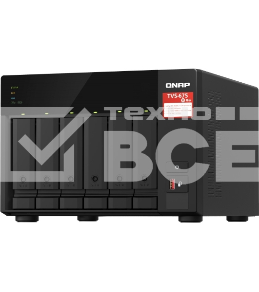 Сетевое хранилище без дисков SMB QNAP TVS-675-8G NAS, 6-tray w/o HDD, 2xM.2 SSD Slot, 1xHDMI-port. CPU 8-сore 64-bit x86 KX-U6580 2.5 GHz, 8GB DDR4 (1 x 8GB) up to 64GB (2 x 32GB), 2x 2.5 Gigabit LAN