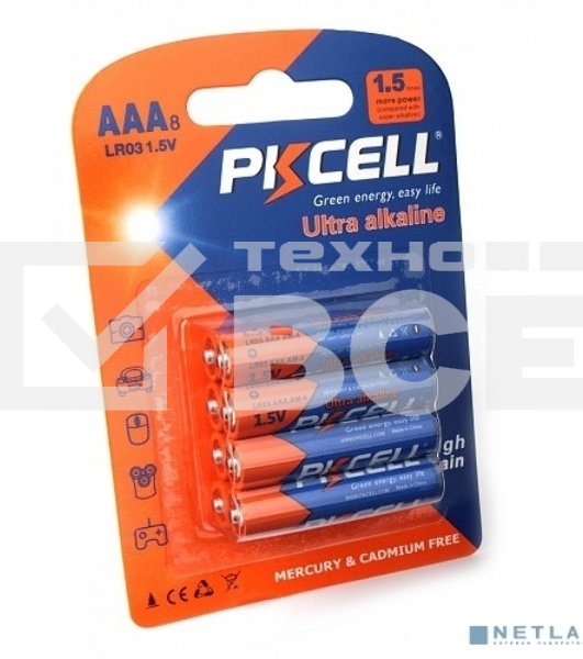 Щелочной/алкалиновый элемент питания PKCELL LR03-8B тип - AAА 8 шт в блистере