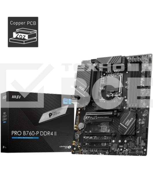 Материнская плата MSI PRO B760-P DDR4 II, LGA 1700, Intel B760, 4xDDR4, 4xSATA, 2xM.2, 1xPCIe 4.0 x16, 1xPCIe 4.0 x4, 3xPCIe 3.0 x1, 1xHDMI, 1xDP, 1x 2.5Gb LAN, 2xUSB-A 2.0, 2xUSB-A 3.2 Gen 1, 1xUSB-C 3.2 Gen 2, 5x3.5 мм, 7.1, ATX