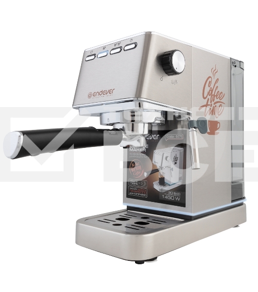 Кофеварка рожковая Endever Costa-1075 стальной, исп. кофе - молотый, 1.4 л, 1450 Вт, 20 Бар.