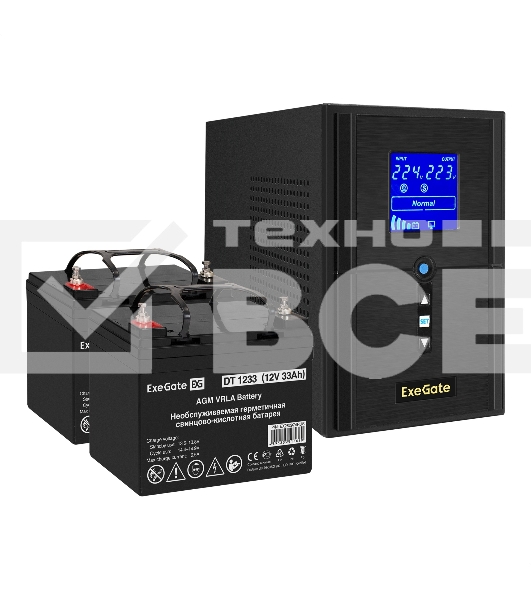 Комплект ИБП EX295988RUS + батарея 33Aч EX282974RUS 2шт (инвертор, синус, для котла) ExeGate SineTower SZ-1500.LCD.AVR.2SH.1C13.USB <1500VA/1200W, чистый синусоида, LCD дисплей, AVR, 2*Schuko+1*C13, USB, линейно-интерактивный, Black> + батарея ExeGate DT 