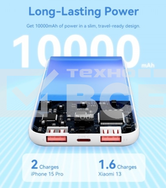 Внешний аккумулятор Vention 10000mAh(M/C-A/A)22.5W Белый с LED Дисплеем