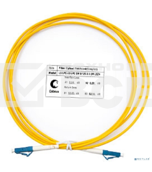 Комм. шнур оптический Cabeus Tight Buffer, Simplex LC/LC, OS2 9/125, LSZH, 2м, d= 2мм, синий хвостовик, желтый