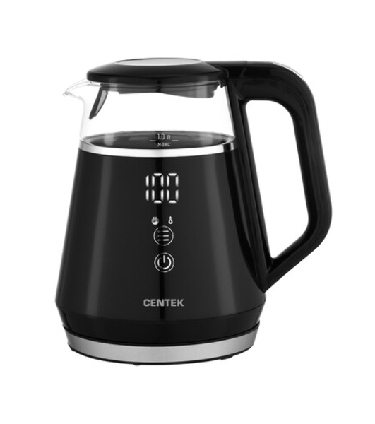 Чайник Centek CT-0019, 1100 Вт, стекло, черный и серебристый