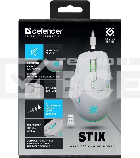 Мышь беспроводная Defender Stix GM-009 белый, 3200 dpi, радиоканал, USB, кнопки - 7
