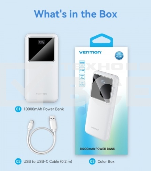 Внешний аккумулятор Vention 10000mAh(M/C-A/A)22.5W Белый с LED Дисплеем