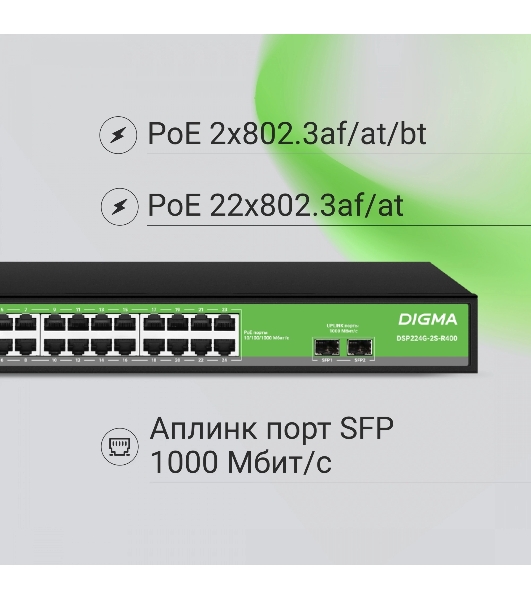 Коммутатор Digma DSP224G-2S-R400 (L2) 24x1Gbит/с 2SFP 24PoE 24PoE+ 2PoE++ 400W неуправляемый