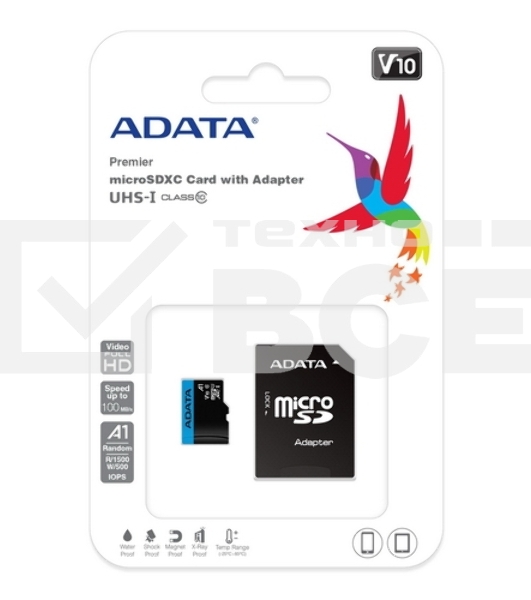 Флеш карта Micro SecureDigital 128Gb ADATA AUSDX128GUICL10A1-RA1 {MicroSDXC Class 10 UHS-I, SD adapter}