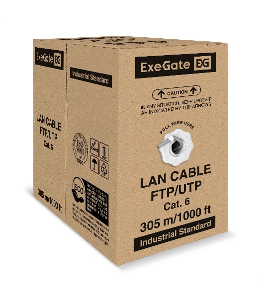 Кабель ExeGate FUTP4-C6-CCA-S23-IN-PVC-GY-305 FTP 4 пары кат.6 CCA, 0.57мм (23AWG), экран, 305м, серый, PVC