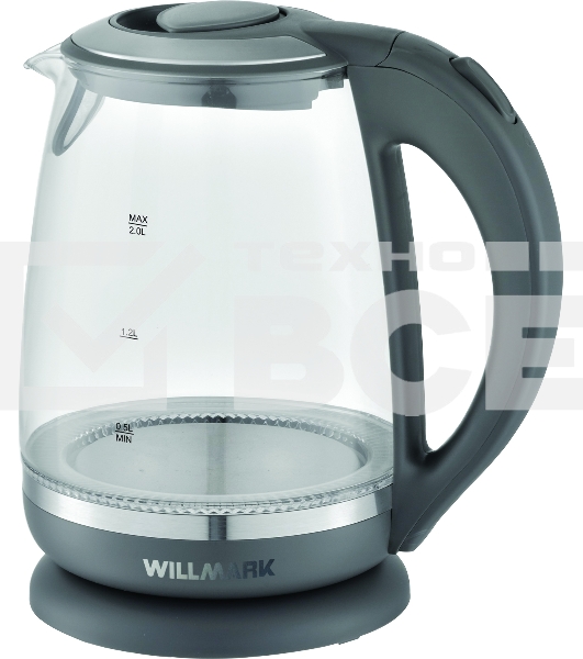 Чайник электрический Willmark WEK-2005G (2.0л, пов. 360 град., LED-подсв., стекло, 2200Вт)Серый