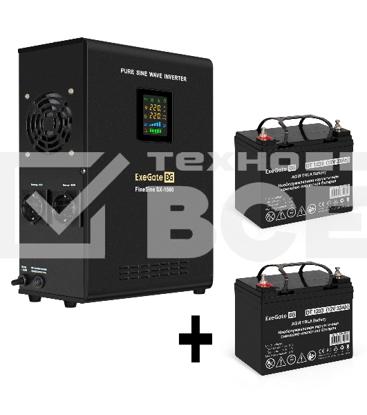 Комплект Источник бесперебойного питания EX295998RUS + батарея 33Aч EX282974RUS 2шт (инвертор, синус, для котла, настенный) ExeGate FineSine SX-1500.LCD.AVR.2SH <1500VA/1050W, чистая синусоида, цветной LCD-дисплей, AVR, 2*Schuko, линейно-интерактивный, кр
