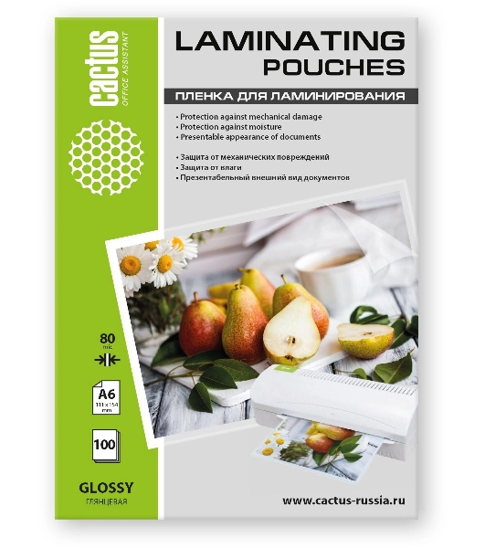 Пленка для ламинирования Cactus 80мкм A6 (100шт) глянцевая 111x154мм CS-LPGА680100