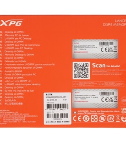 Оперативная память XPG Lancer, DDR5, 64GB (2x32GB), 6400MHz, CL32, DIMM, с радиаторами, RGB, черный