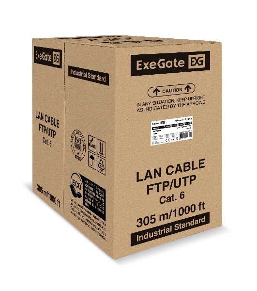 Кабель ExeGate FUTP4-C6-CCA-S23-IN-PVC-GY-305 FTP 4 пары кат.6 CCA, 0.57мм (23AWG), экран, 305м, серый, PVC