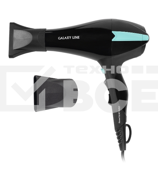 Фен для волос профессиональный Galaxy Line GL 4339, черный с бирюзовым, 2200 Вт, 2 скорости потока воздуха, 3 температурных режима, функция «холодный воздух», АС-мотор, защита мотора от перегрева, насадка-концентратор для ускоренной сушки, насадка-концент