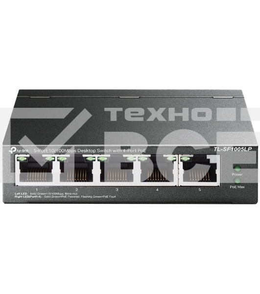 Коммутатор 5-Port 10/100Mbps Unmanaged Switch with 4-Port PoE, meta case, desktop mount, PoE budget 41W.