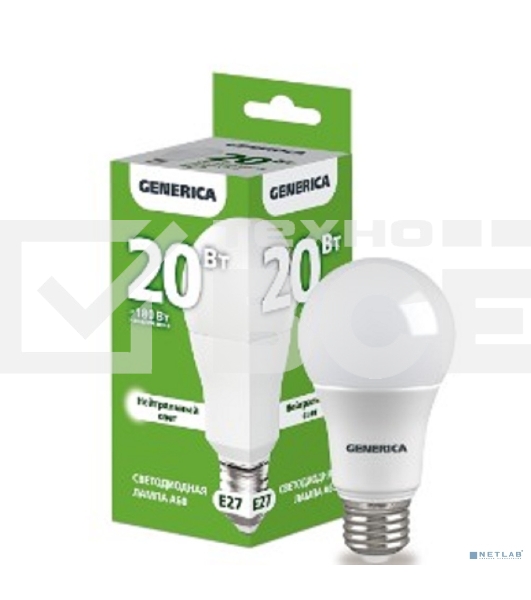 Лампа светодиодная A60 груша 20Вт 230В 4000К E27 GENERICA