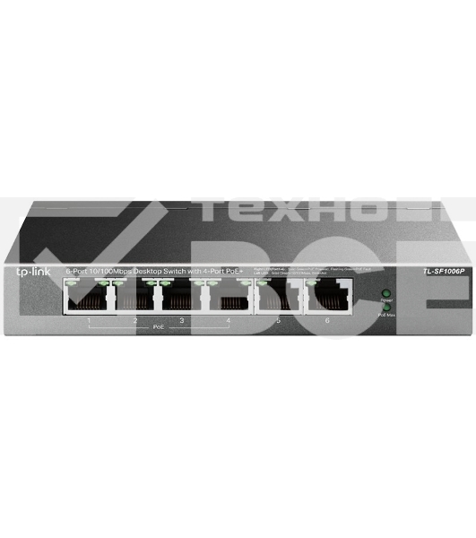 Коммутатор TP-Link 4-port 10/100Mbps Unmanaged PoE+ Switch with 2 10/100Mbps uplink ports, meta case, desktop mount, 4 802.3af/at compliant PoE+ port, 2 10/100Mbps uplink ports, DIP switches for Extend mode, Isolation mode and Priority mode, up to 250m Po
