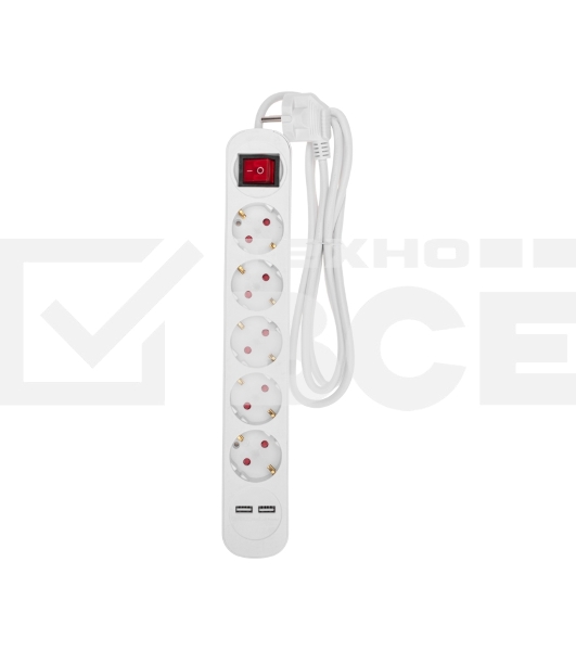 Удлинитель STANDARD 5 гнезд, 1,5м, 3х1,0мм², с/з, с выключателем, 2 USB, белый Rexant