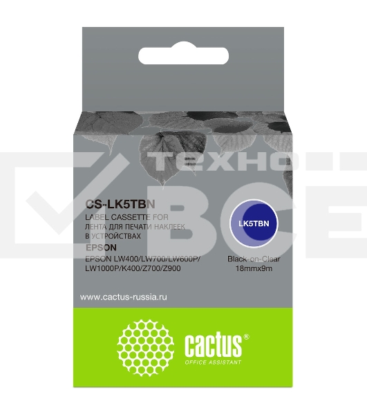 Картридж ленточный Cactus CS-LK5TBN черный для Epson LW400/LW700/LW600P/LW1000P/K400/Z700/Z900