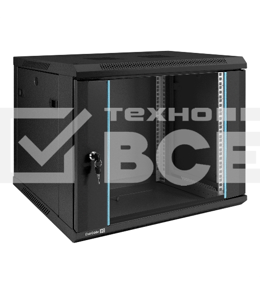 Шкаф телекоммуникационный 19' настенный 9U ExeGate EC-WM-9U.450.G.BLACK (19', 9U, 600x450x500 мм (ШхГхВ), передняя дверь закаленное стекло, съемные боковые панели, пыле- и влагозащита IP23, черный RAL 9004)