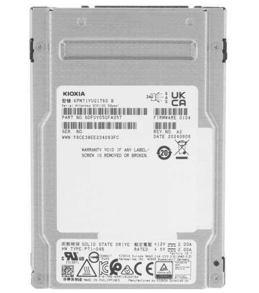 Серверный твердотельный накопитель KIOXIA SSD PM7-V, 1600GB, 2.5' 15mm, SAS 24G, TLC, R/W 4200/3400 MB/s, IOPs 720K/320K, TBW 8760, DWPD 3 (12 мес.)